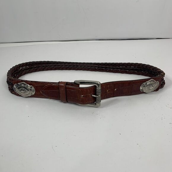 Brown Leather Size M Croc Embossed Braided Belt Silver Tone Heavy Buckle Concho - Picture 2 of 10